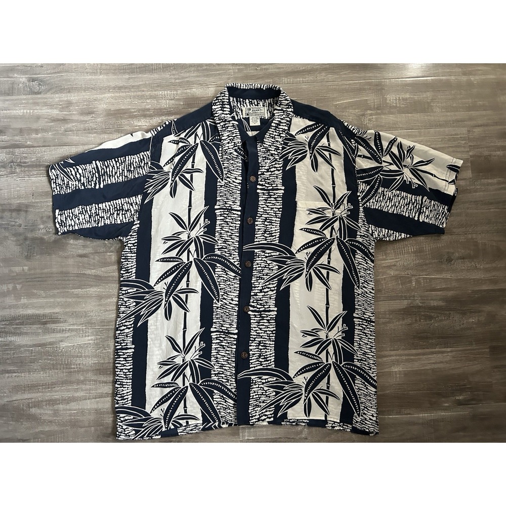 Vintage Avanti Hawaiian Aloha Silk Shirt Blue Bamboo Leaf Mens XL Loop Collar